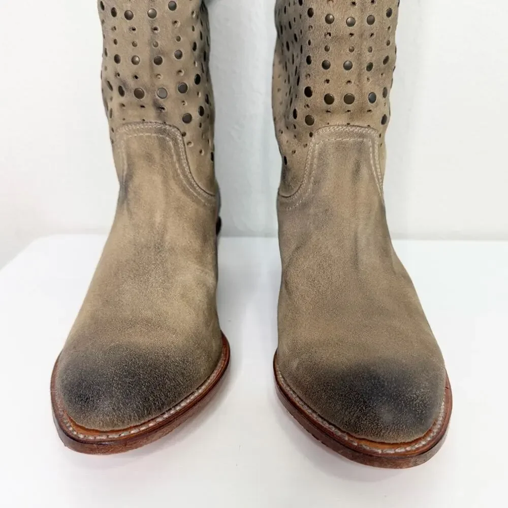 Frye Deborah Studded Suede Boots Tan Knee-High Size 8